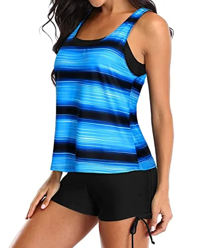 Athletic Tankini Swimsuit Set Push Up Bra & Mid Waist Boyleg Bottoms-Blue And Black Stripe