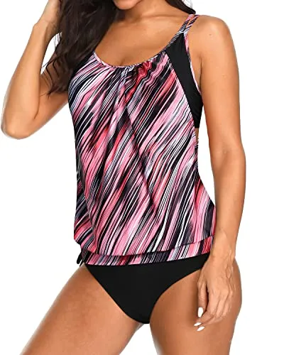Athletic Two Piece Tankini Sets Adjustable Tie Side Shorts-Black And Pink Stripes
