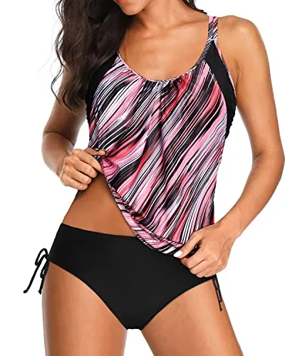 Athletic Two Piece Tankini Sets Adjustable Tie Side Shorts-Black And Pink Stripes