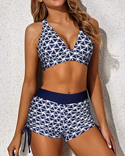 Athletic Women's Boy Shorts And Bra Athletic Swimwear-Navy Blue Tribal