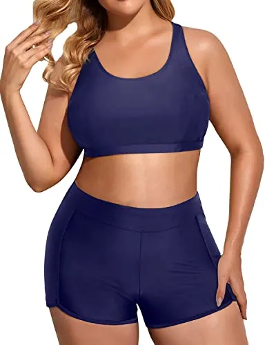 Athletic Women's Plus Size 3 Piece Tankini Swimsuits-Blue And White Stripes