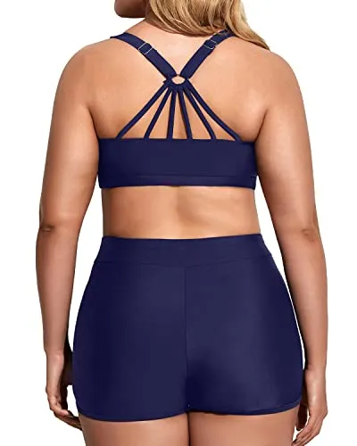 Athletic Women's Plus Size 3 Piece Tankini Swimsuits-Blue And White Stripes