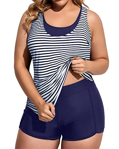 Athletic Women's Plus Size 3 Piece Tankini Swimsuits-Blue And White Stripes