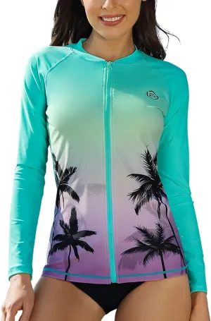 ATTRACO Women's Long Sleeve Rash Guard UV Sun Protection Zipper Gradient Swimsuit Top