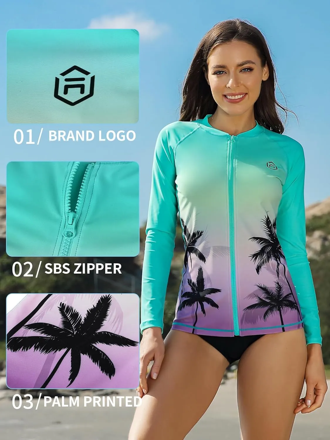 ATTRACO Women's Long Sleeve Rash Guard UV Sun Protection Zipper Gradient Swimsuit Top
