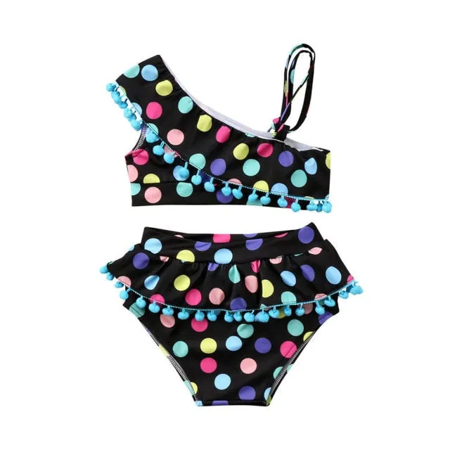 Baby Girls Polka Dot Tassel One Shoulder Two Piece Bikini Set