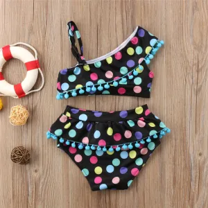 Baby Girls Polka Dot Tassel One Shoulder Two Piece Bikini Set