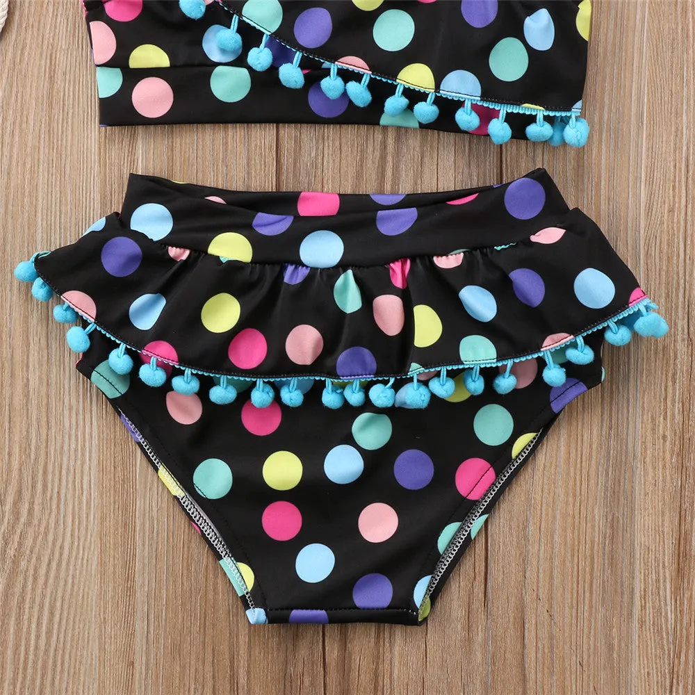 Baby Girls Polka Dot Tassel One Shoulder Two Piece Bikini Set