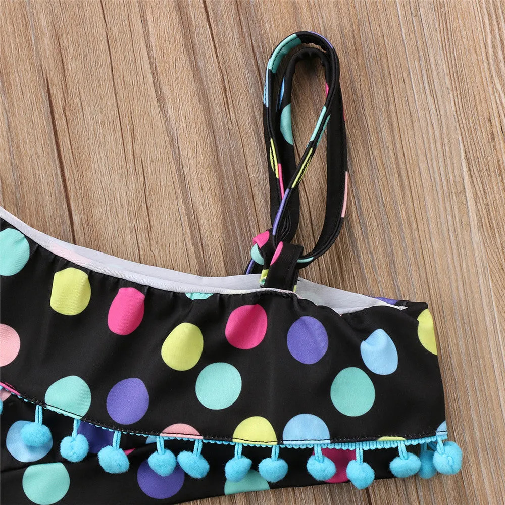 Baby Girls Polka Dot Tassel One Shoulder Two Piece Bikini Set