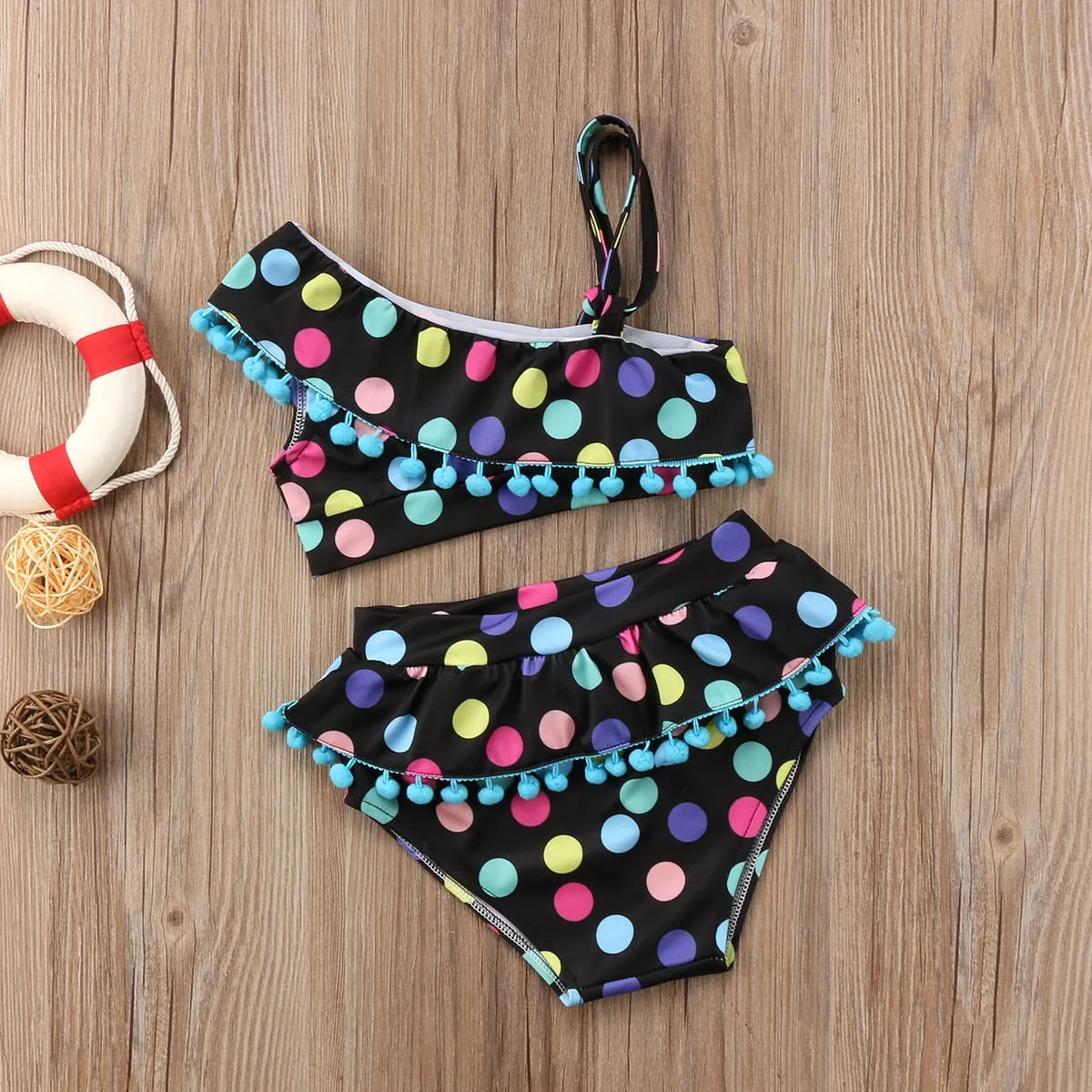 Baby Girls Polka Dot Tassel One Shoulder Two Piece Bikini Set