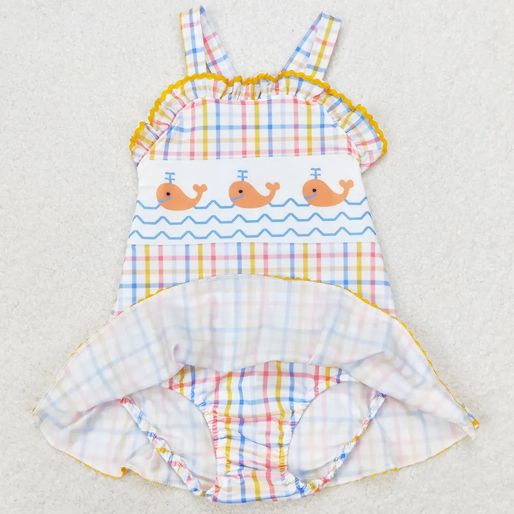Baby Girls Swimsuits Orange Whales Ruffle One Piece Swimsuits S0396