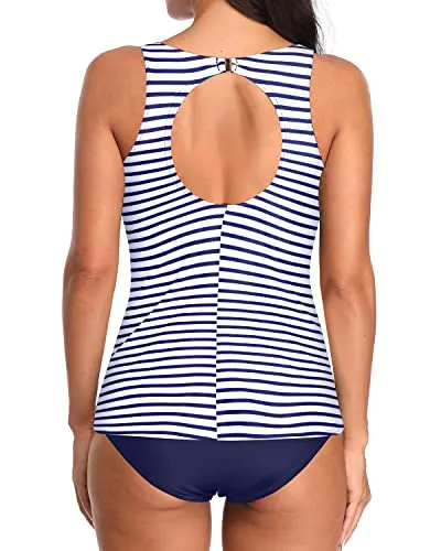 Backless High Neck Tankini Top Bottoms For Summer-Blue White Stripe