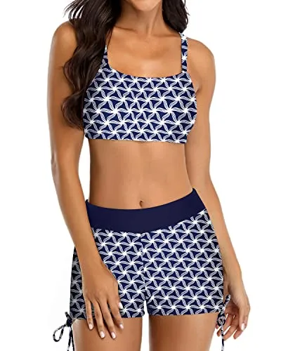 Bathing Suit Adjustable Shoulder Straps & Mid Waist Boyleg Bottoms-Navy Blue Tribal