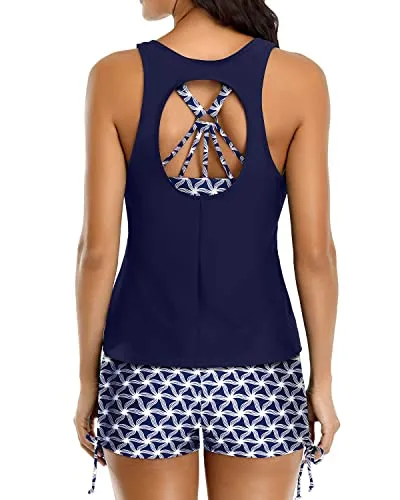 Bathing Suit Adjustable Shoulder Straps & Mid Waist Boyleg Bottoms-Navy Blue Tribal