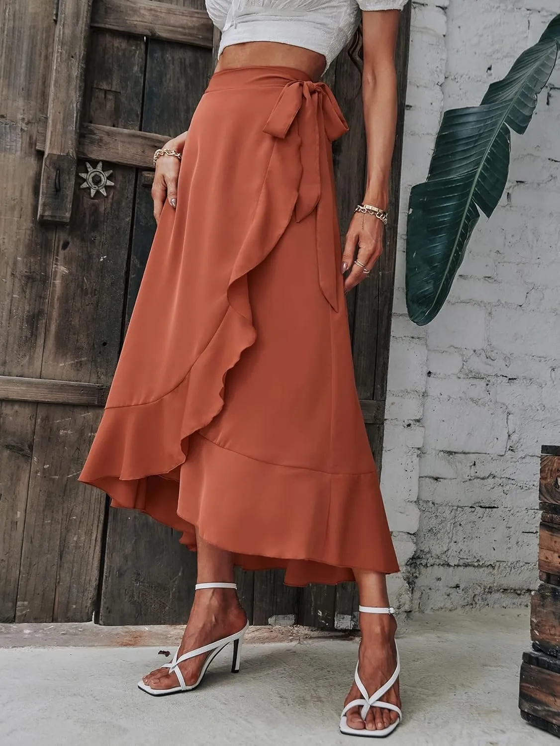 Beach Causal Women's Skirt Solid Wrap Hem Tie Side Skirt Maxi Beach Outfits Women