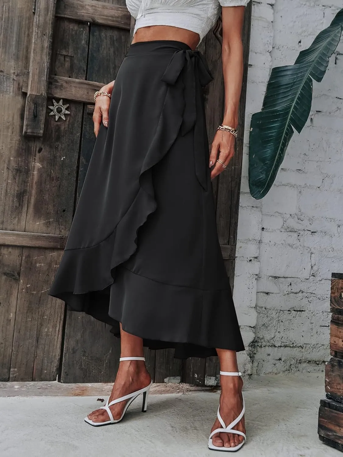 Beach Causal Women's Skirt Solid Wrap Hem Tie Side Skirt Maxi Women