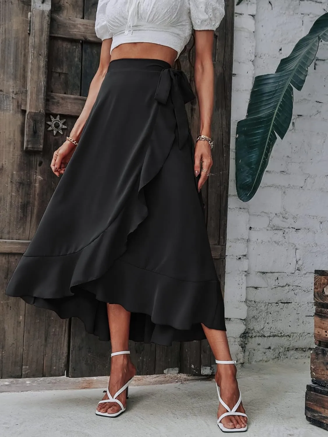 Beach Causal Women's Skirt Solid Wrap Hem Tie Side Skirt Maxi Women