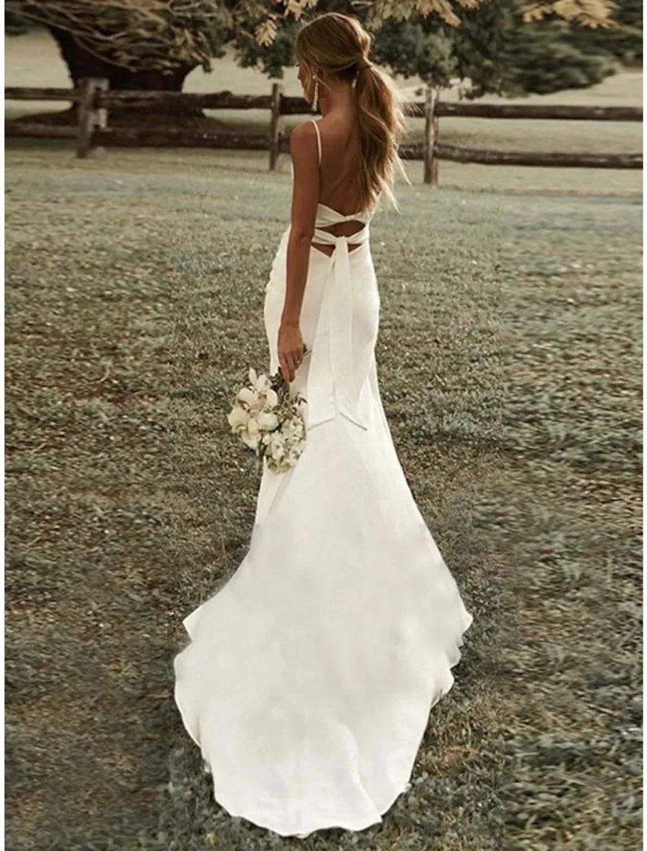 Beach Sexy Casual Wedding Dresses Sheath / Column Square Camisole Spaghetti Strap Sweep / Brush Train Stretch Fabric Outdoor Bridal Gowns With Ruched Split Front Summer Party