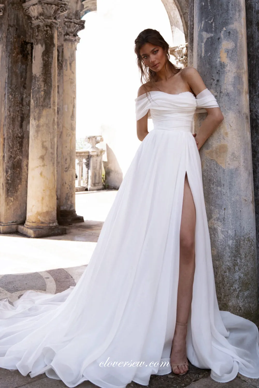 Beaded Neckline Ivory Chiffon Off The Shoulder Side Slit Wedding Dresses, CW0331
