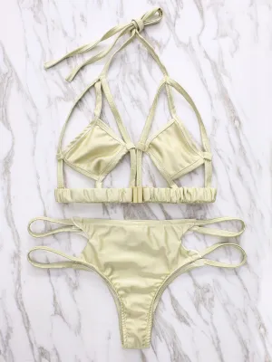 Beige Sleeveless Cut Out Bikinis