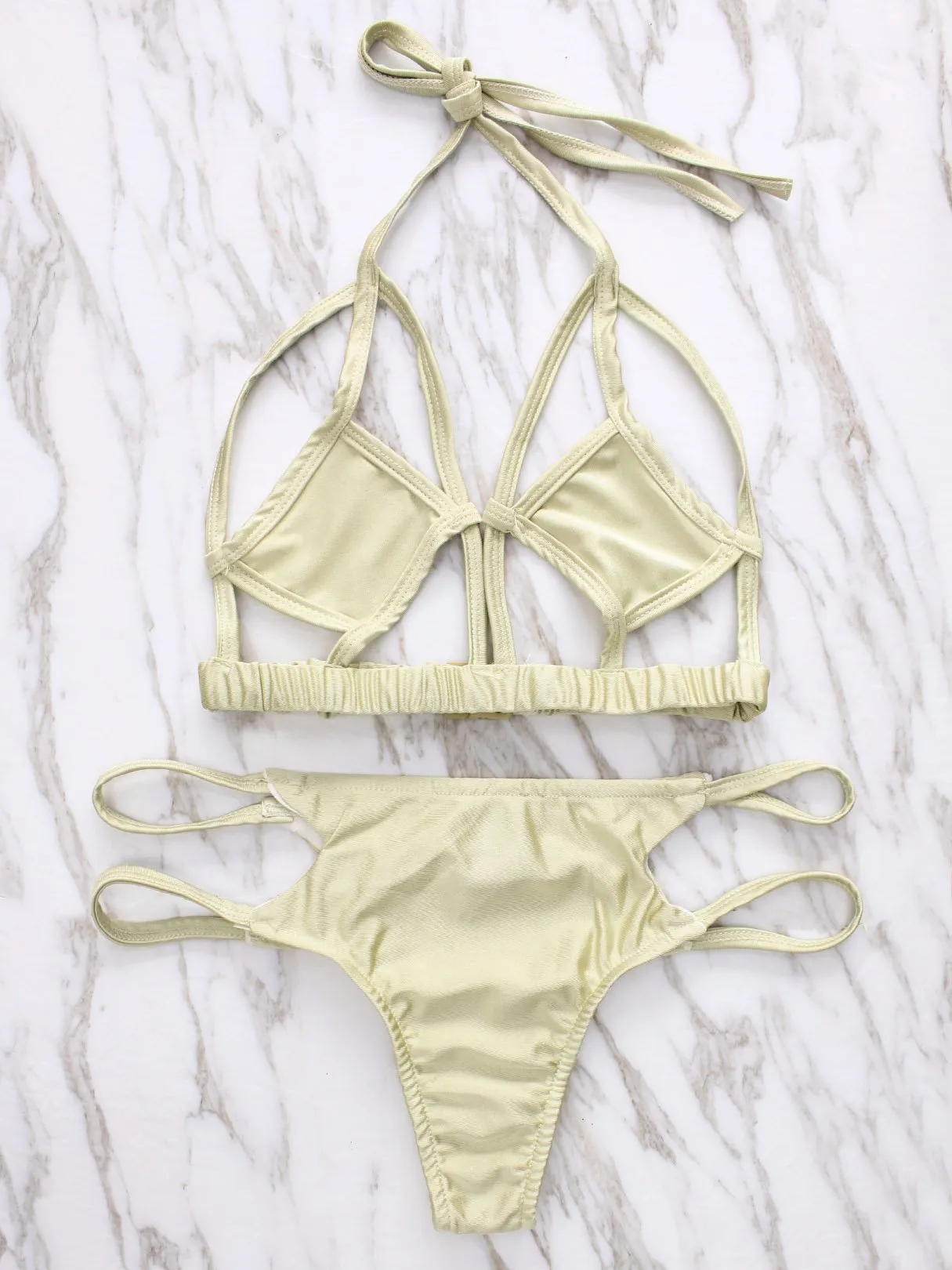 Beige Sleeveless Cut Out Bikinis