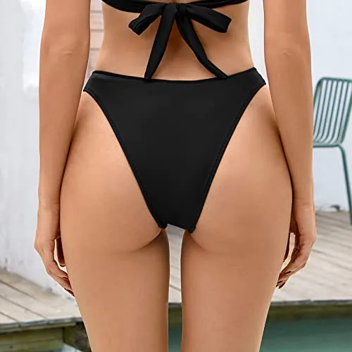 Bellecarrie Women's Cheeky Brazilian Bikini Bottoms Low Rise High Cut Swim Bottom, Black, XS