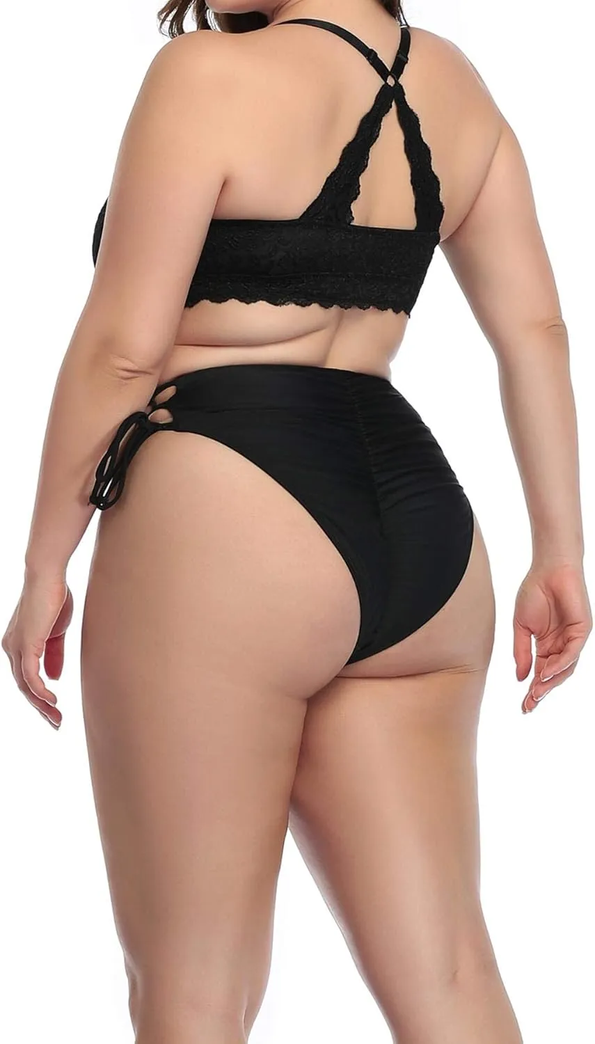 Bestselling Curvy High Waist Strappy Tie Side Ruched Retro Cut Leg Lace Up Cheeky Swim Briefs Bikini Bottom