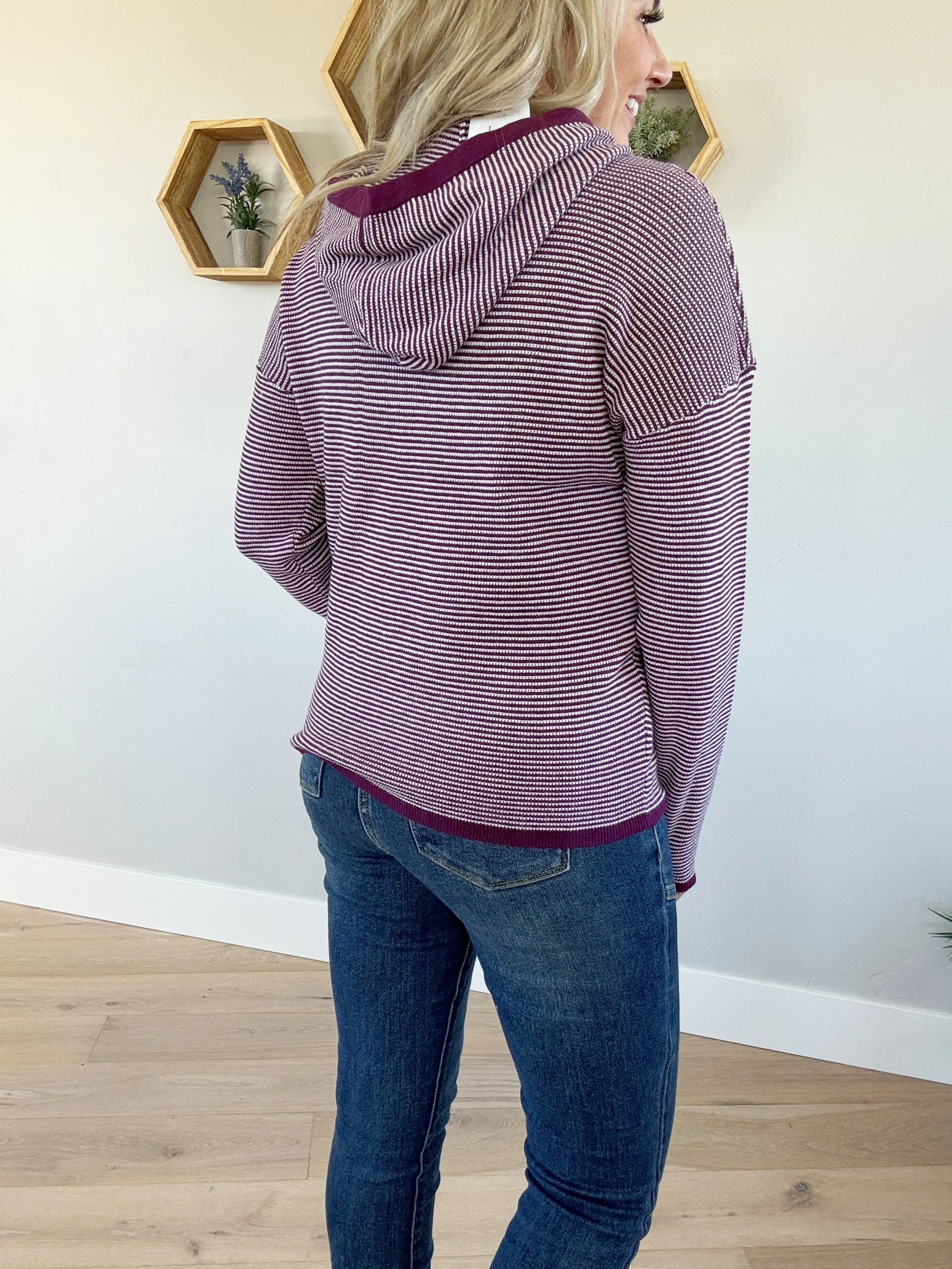 Better Off Striped Hoodie Pullover Sweater in Eggplant