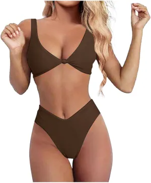 Bikini Set for Women Bathing Suit High Waisted 2024 Summer Beach Scalloped V Neck Two Pieces Swimsuits