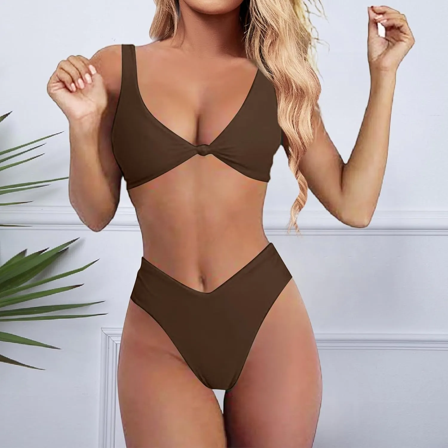 Bikini Set for Women Bathing Suit High Waisted 2024 Summer Beach Scalloped V Neck Two Pieces Swimsuits
