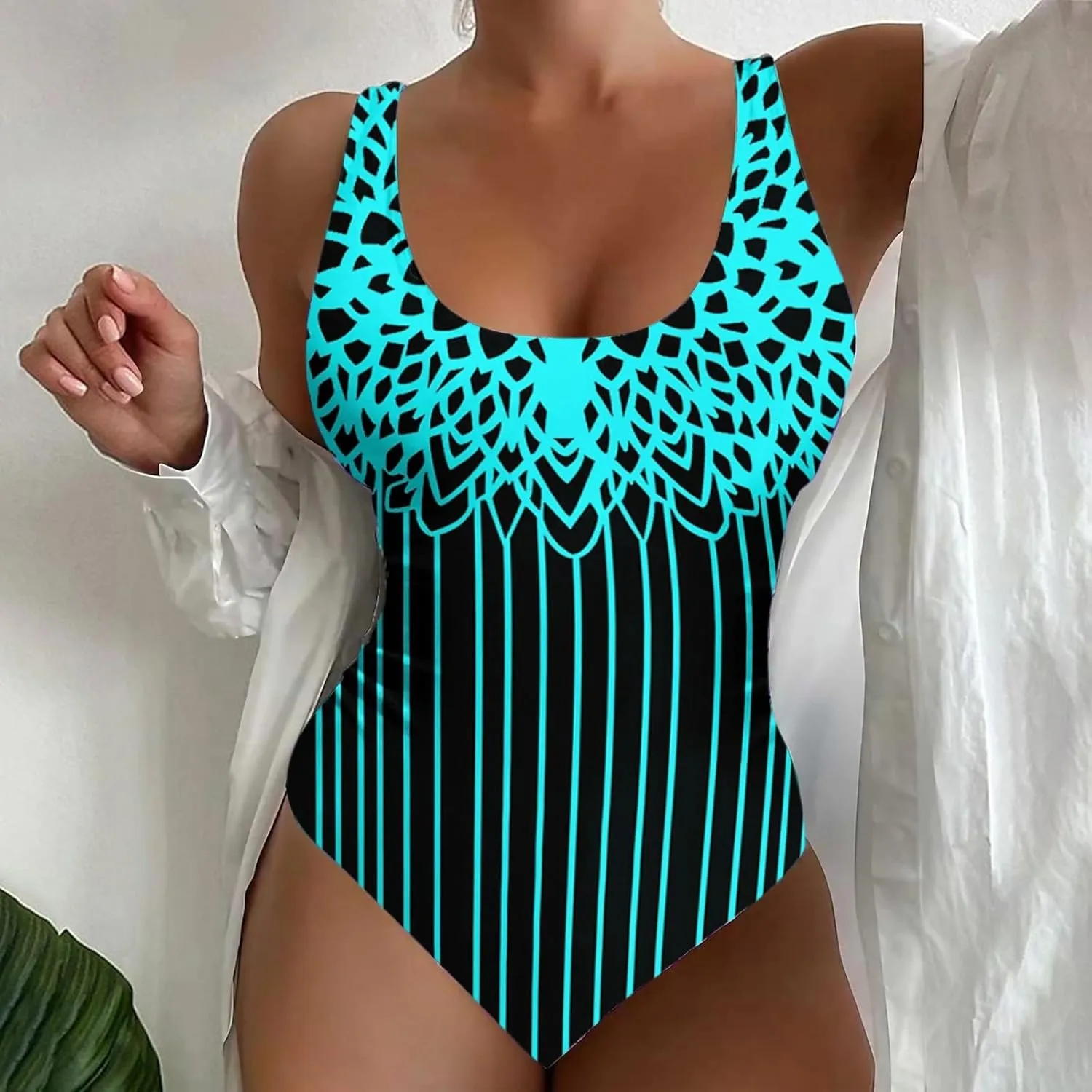 Bikini Set for Women Neck Retro Stripe Print Tummy Control Swimsuit Vacation Sets for Women Beach Clothes Black