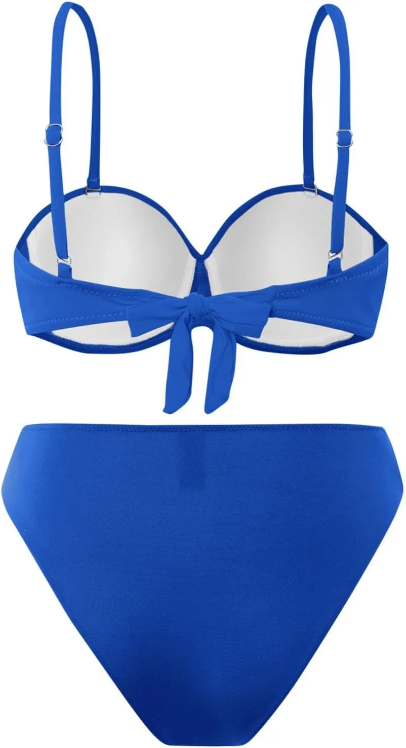 Bikini Sets for Women 2025 Push up Mid Rise 2 Piece Bathing Suit Solid Ruched Adjustable Straps Summer Beach Swimsuit