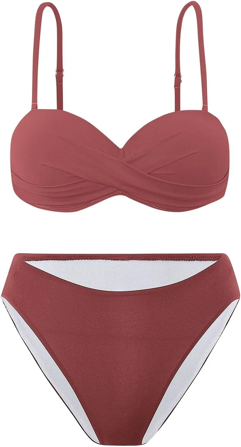 Bikini Sets for Women 2025 Push up Mid Rise 2 Piece Bathing Suit Solid Ruched Adjustable Straps Summer Beach Swimsuit