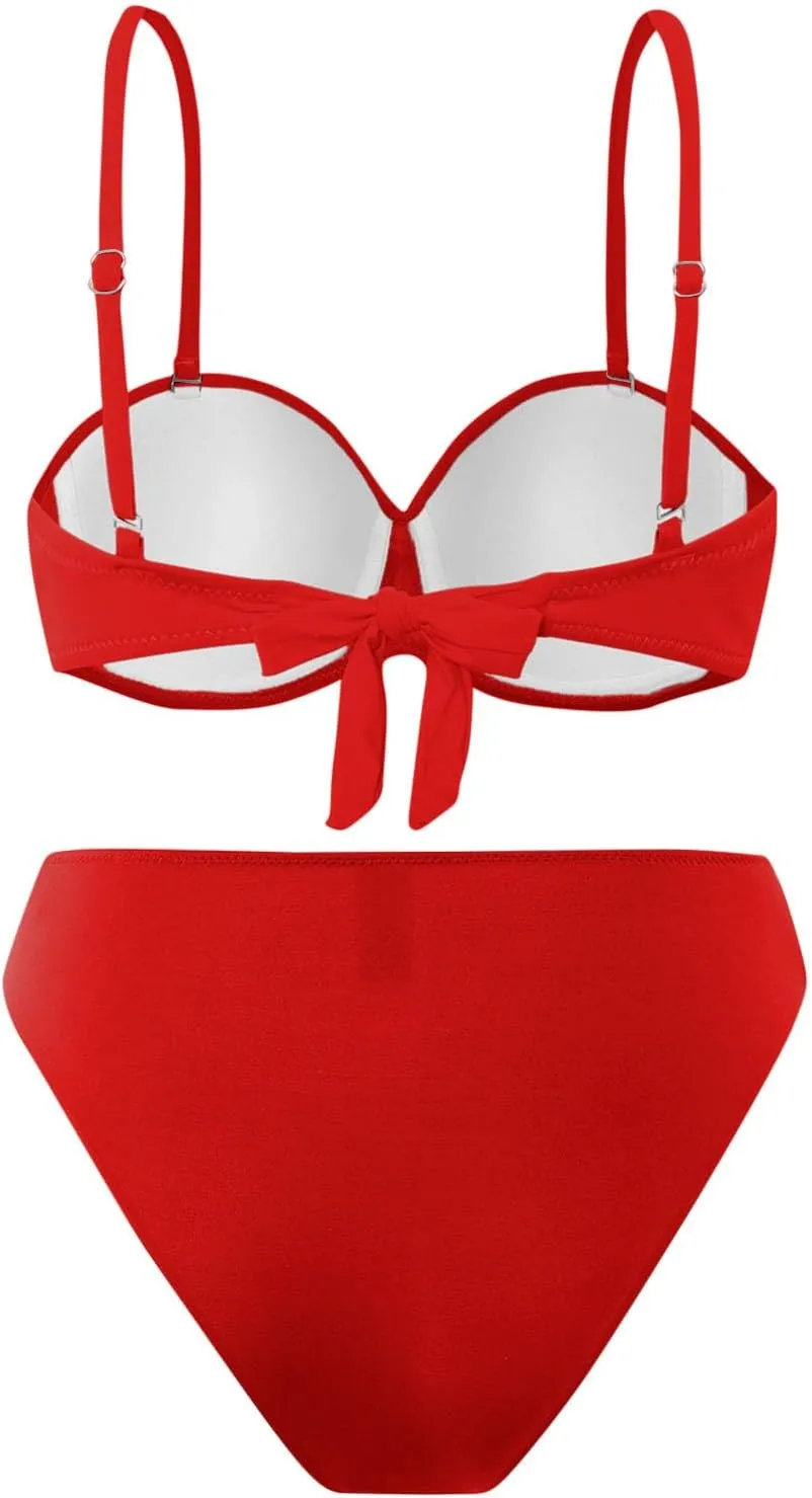 Bikini Sets for Women 2025 Push up Mid Rise 2 Piece Bathing Suit Solid Ruched Adjustable Straps Summer Beach Swimsuit