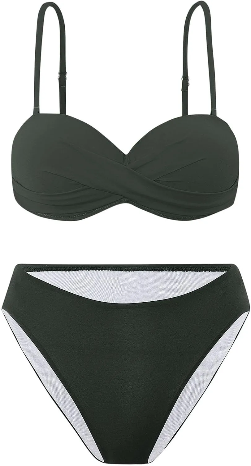 Bikini Sets for Women 2025 Push up Mid Rise 2 Piece Bathing Suit Solid Ruched Adjustable Straps Summer Beach Swimsuit
