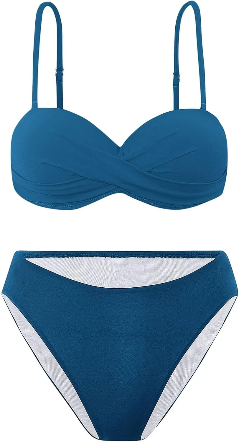 Bikini Sets for Women 2025 Push up Mid Rise 2 Piece Bathing Suit Solid Ruched Adjustable Straps Summer Beach Swimsuit