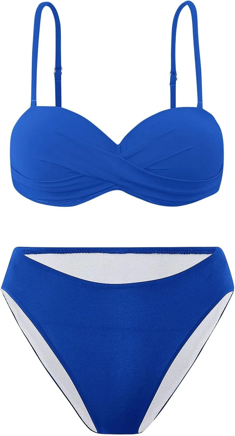 Bikini Sets for Women 2025 Push up Mid Rise 2 Piece Bathing Suit Solid Ruched Adjustable Straps Summer Beach Swimsuit