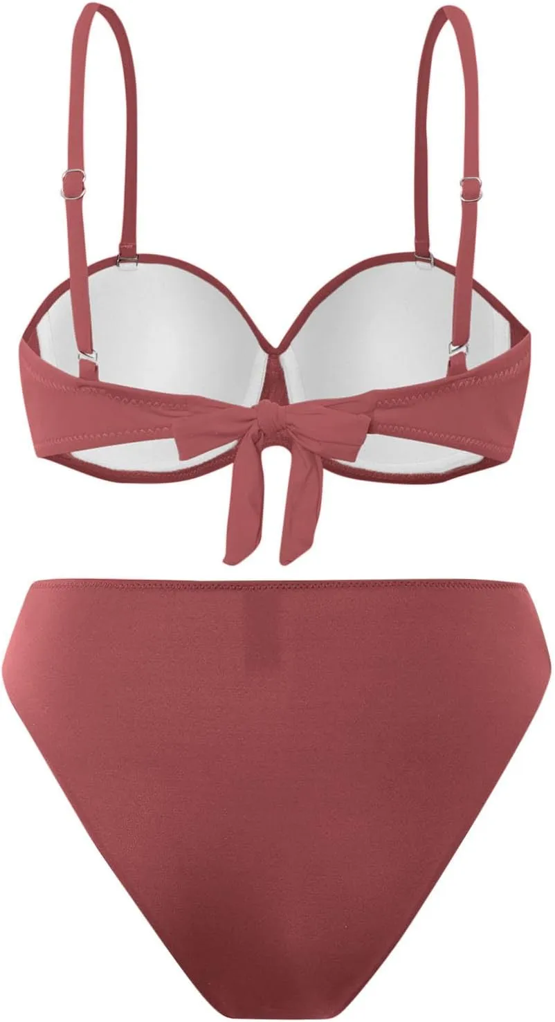 Bikini Sets for Women 2025 Push up Mid Rise 2 Piece Bathing Suit Solid Ruched Adjustable Straps Summer Beach Swimsuit