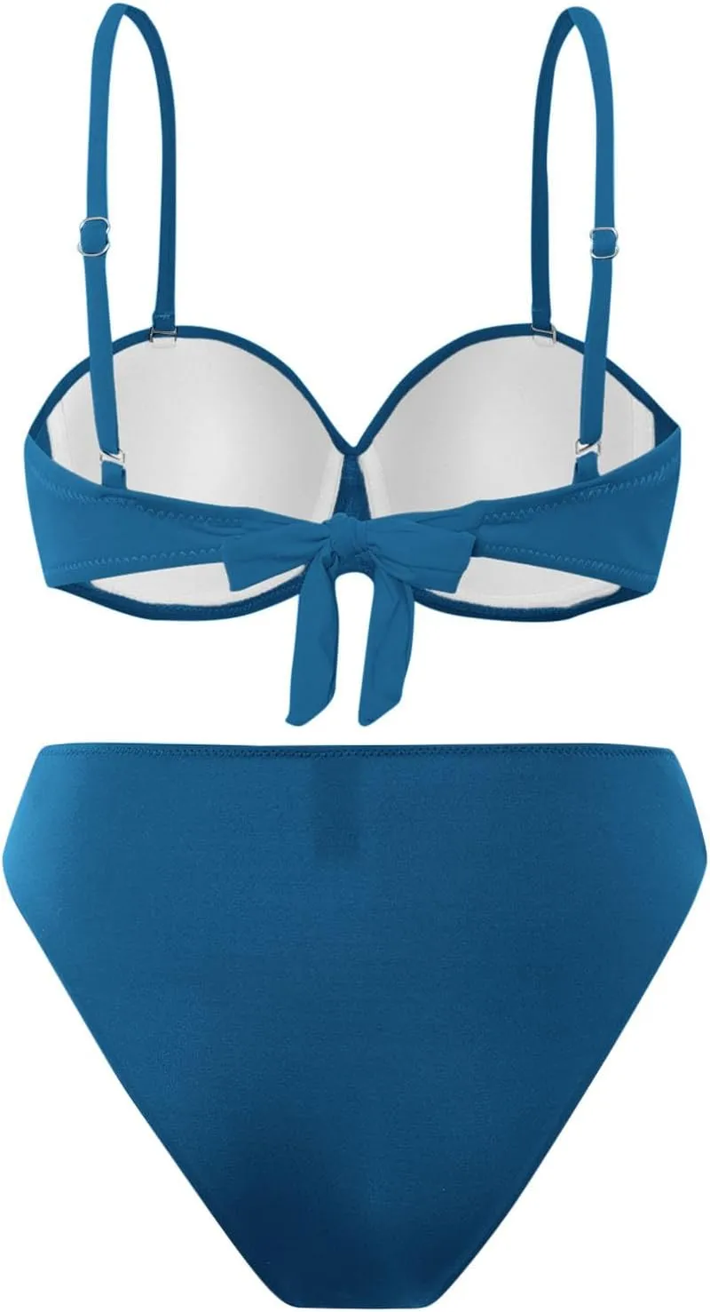 Bikini Sets for Women 2025 Push up Mid Rise 2 Piece Bathing Suit Solid Ruched Adjustable Straps Summer Beach Swimsuit
