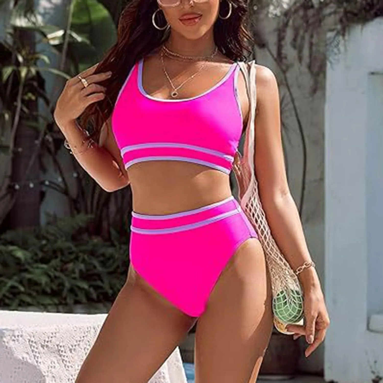 Bikini Sets for Women High Waisted Bikini Sets Sporty Two Piece Swimsuits Color Block Cheeky High Cut Bathing Suits