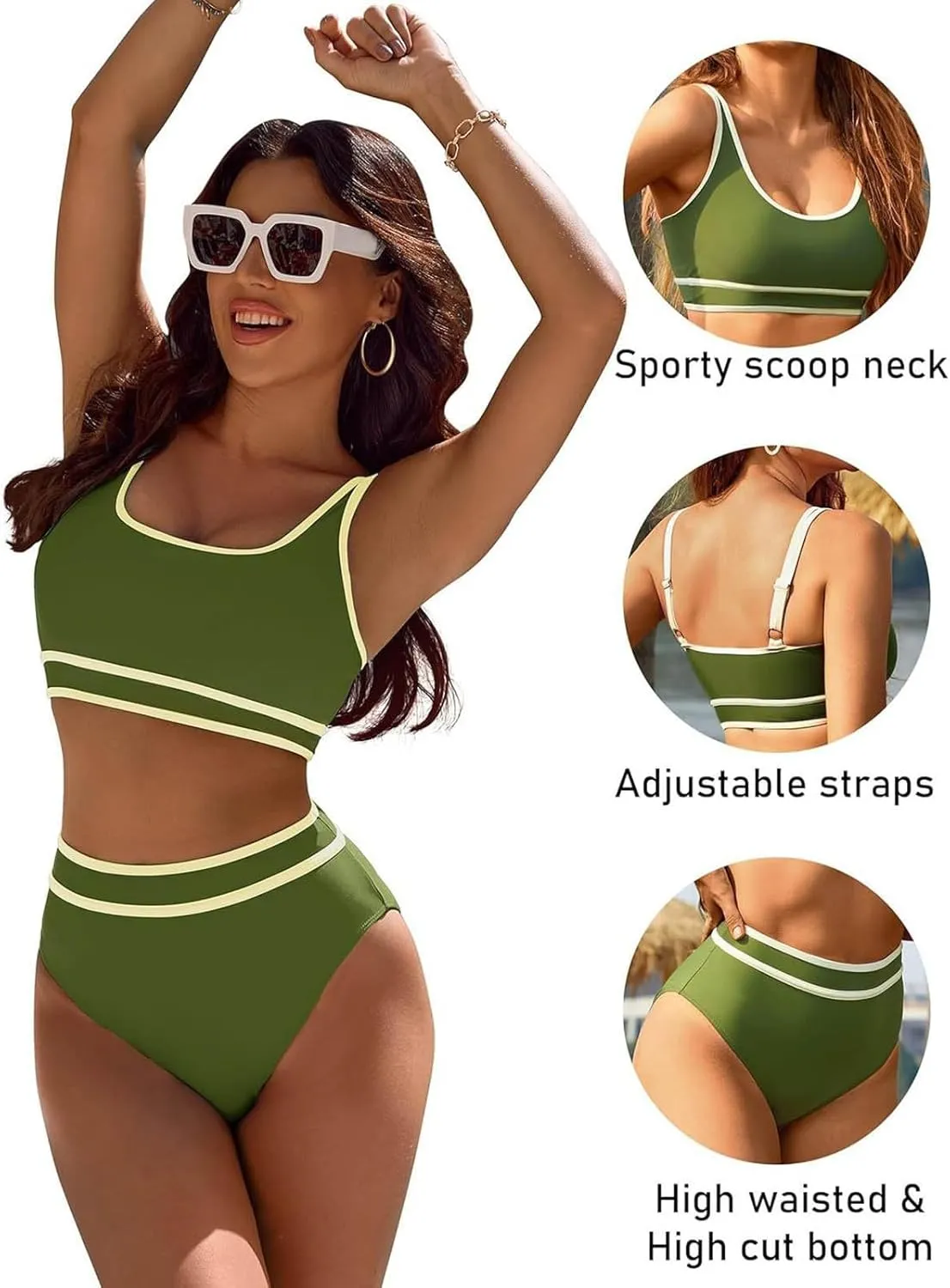 Bikini Sets for Women High Waisted Bikini Sets Sporty Two Piece Swimsuits Color Block Cheeky High Cut Bathing Suits