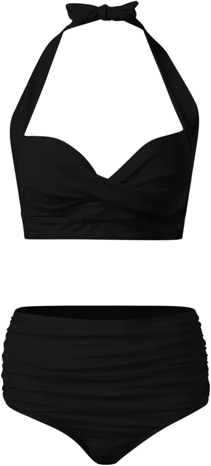 Bikini Sets for Women Push Up Two Piece Vintage Swimsuit Retro Halter Ruched High Waist Bikini with Bottom