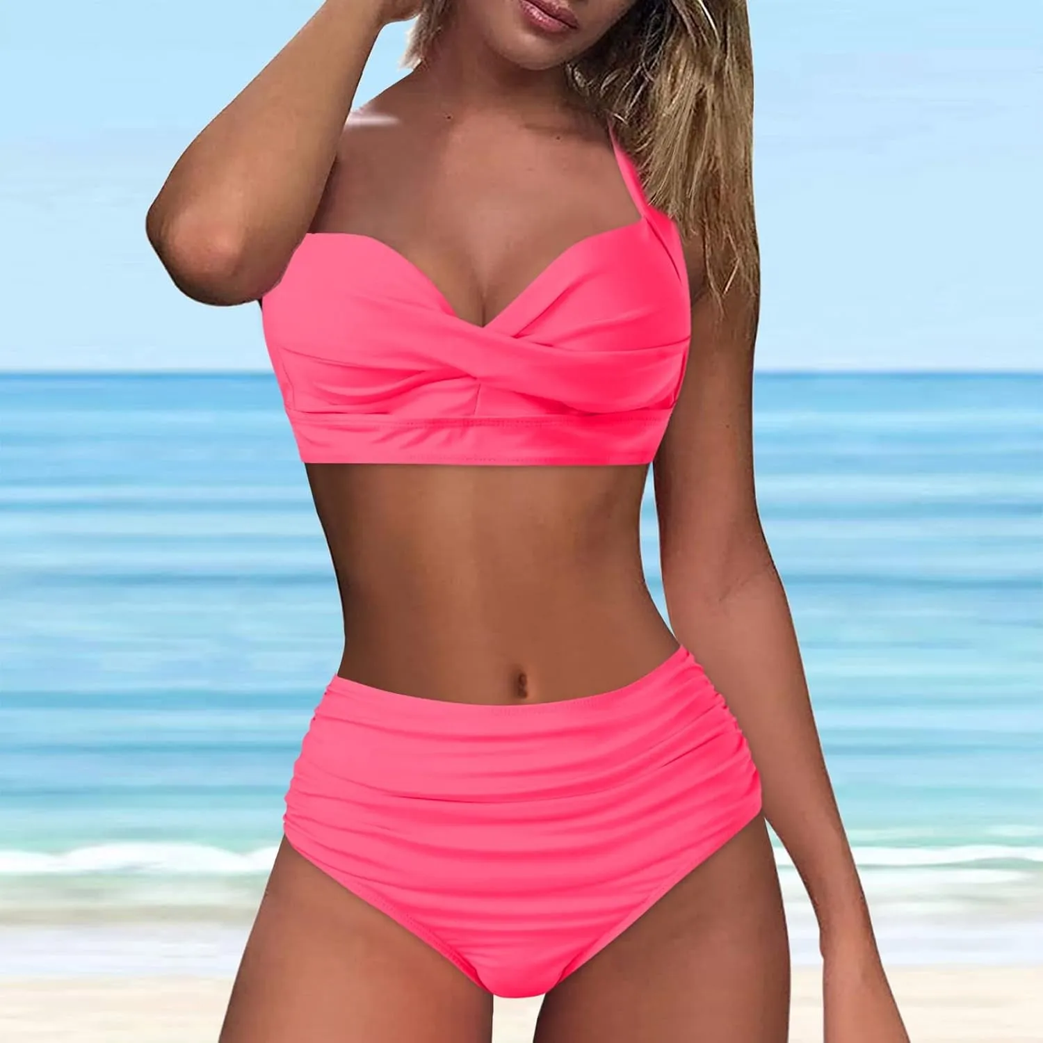 Bikini Sets for Women Push Up Two Piece Vintage Swimsuit Retro Halter Ruched High Waist Bikini with Bottom