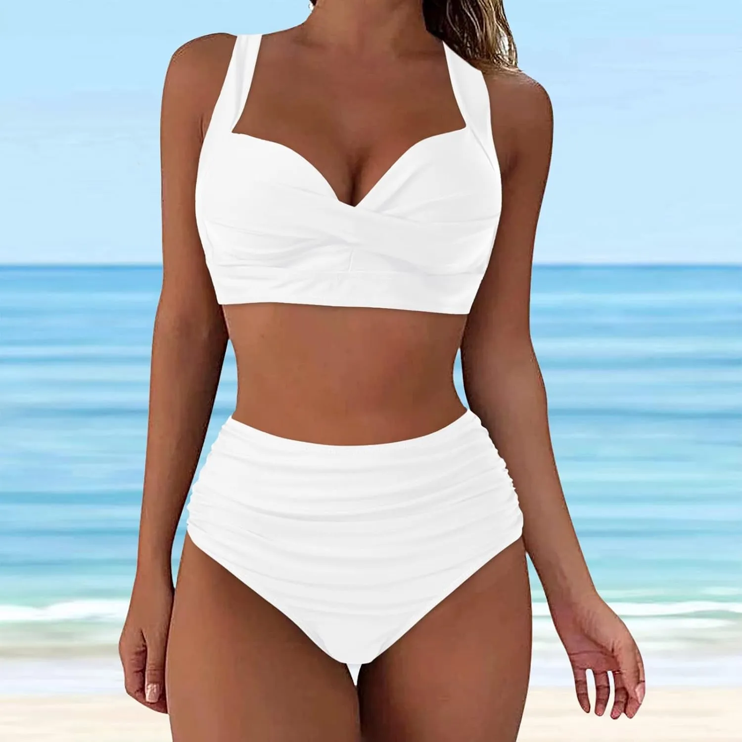 Bikini Sets for Women Push Up Two Piece Vintage Swimsuit Retro Halter Ruched High Waist Bikini with Bottom