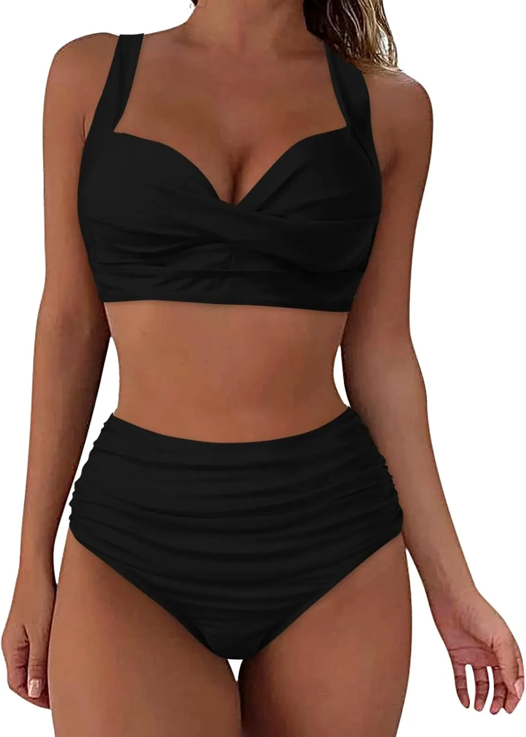 Bikini Sets for Women Push Up Two Piece Vintage Swimsuit Retro Halter Ruched High Waist Bikini with Bottom