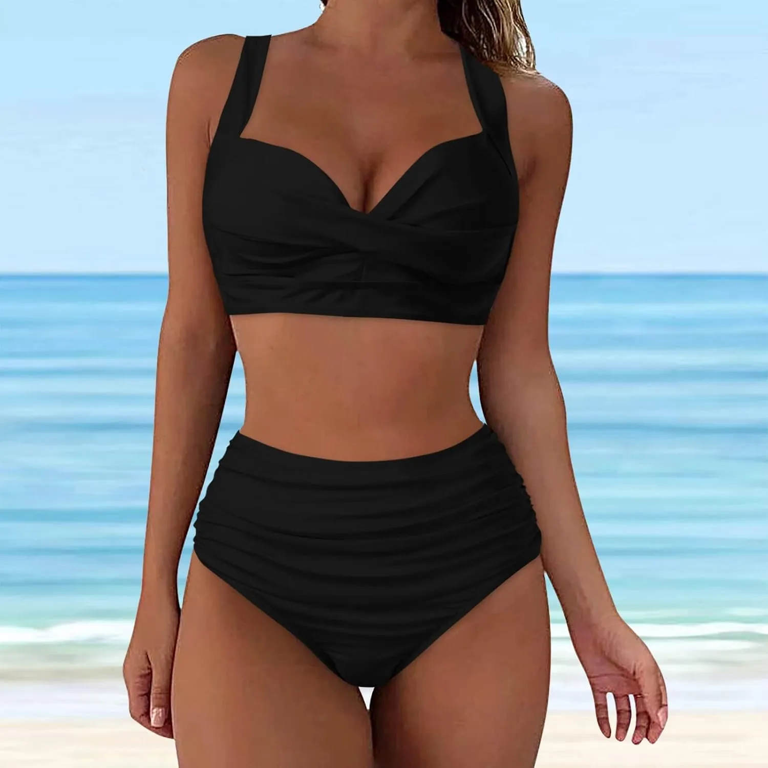 Bikini Sets for Women Push Up Two Piece Vintage Swimsuit Retro Halter Ruched High Waist Bikini with Bottom