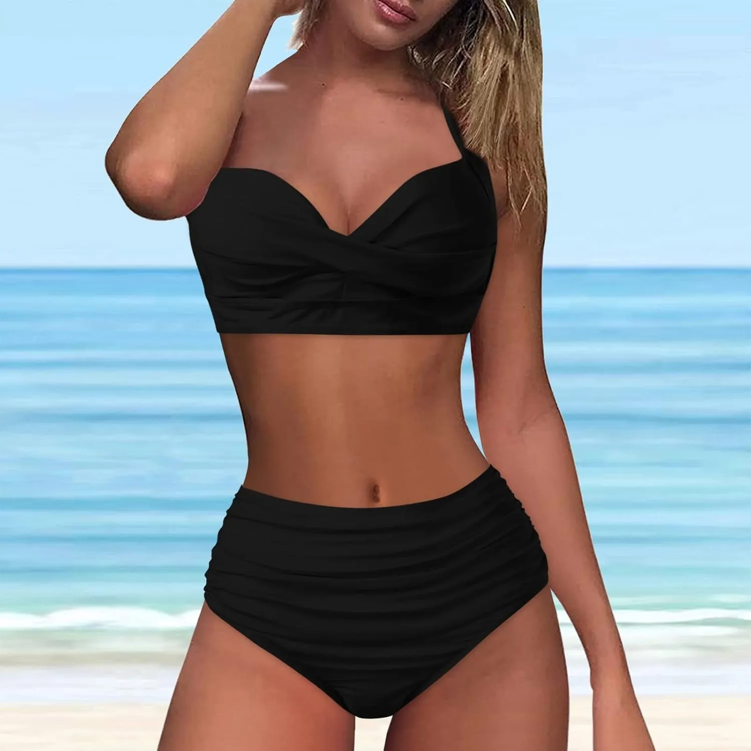 Bikini Sets for Women Push Up Two Piece Vintage Swimsuit Retro Halter Ruched High Waist Bikini with Bottom