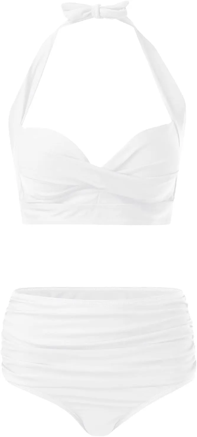 Bikini Sets for Women Push Up Two Piece Vintage Swimsuit Retro Halter Ruched High Waist Bikini with Bottom