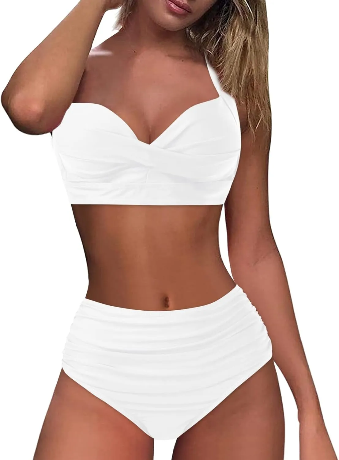 Bikini Sets for Women Push Up Two Piece Vintage Swimsuit Retro Halter Ruched High Waist Bikini with Bottom