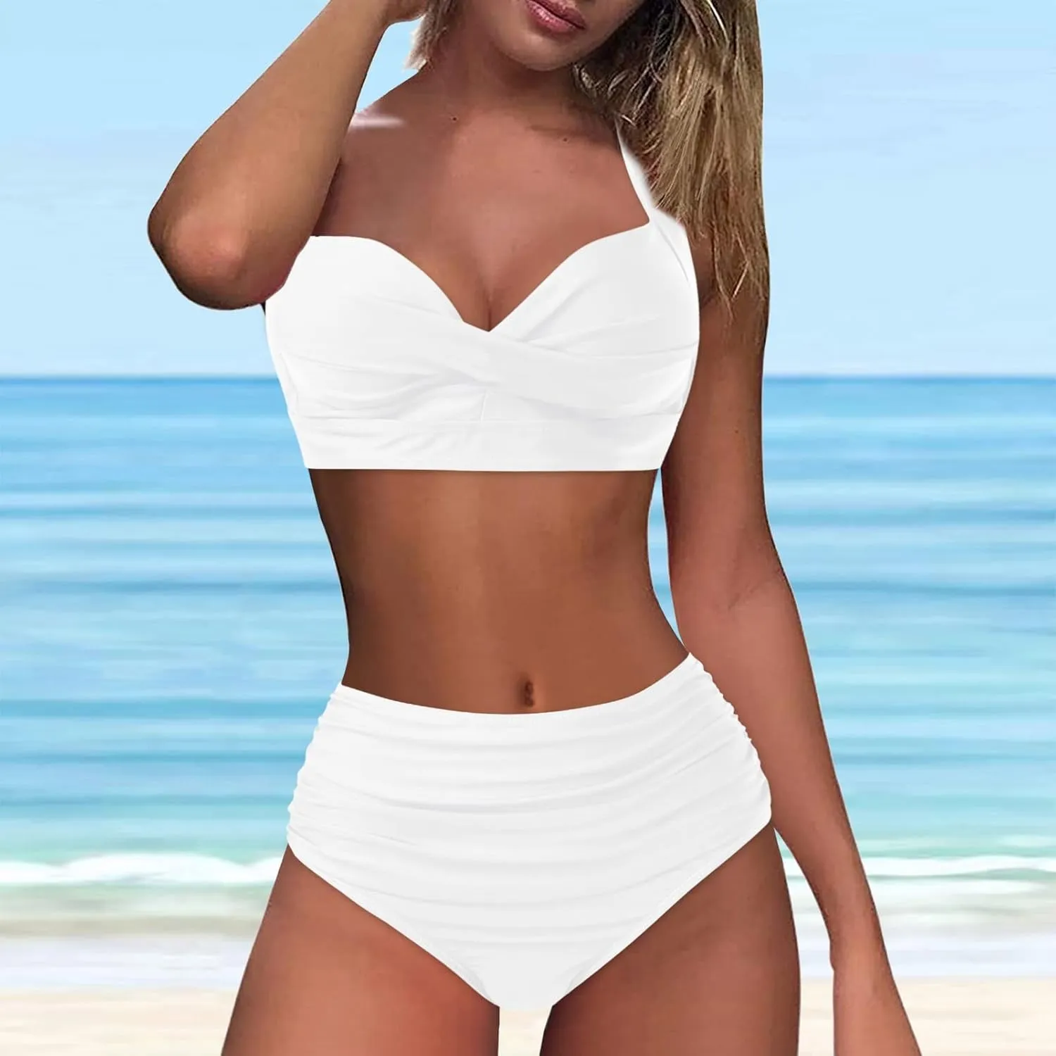Bikini Sets for Women Push Up Two Piece Vintage Swimsuit Retro Halter Ruched High Waist Bikini with Bottom